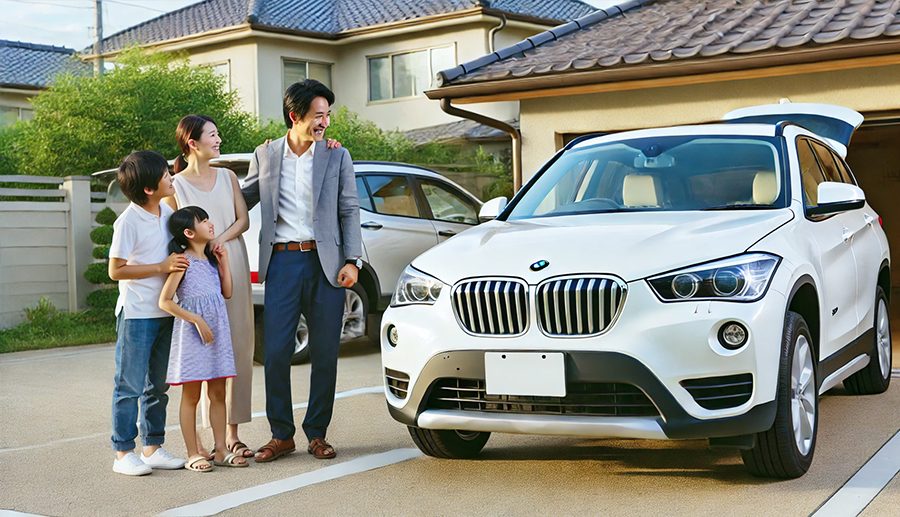 
50代の男性が家族と自宅の駐車場からでかける画像