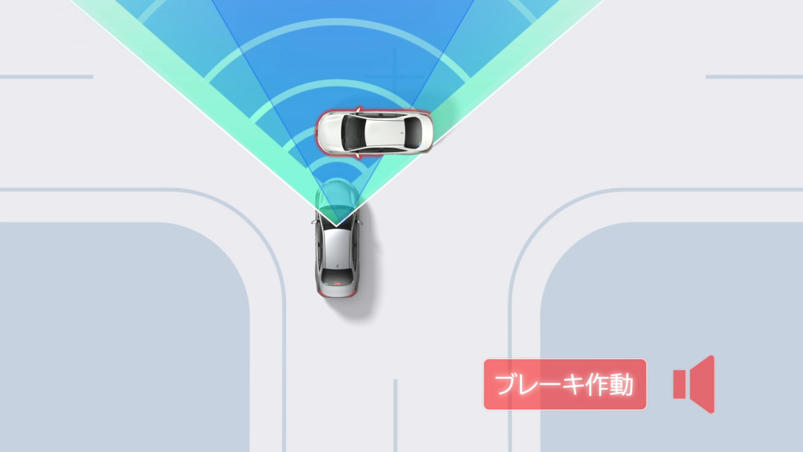 プリクラッシュセーフティ : 「交差点」出会い頭時の車両・自動二輪車検知機能(作動イメージ)