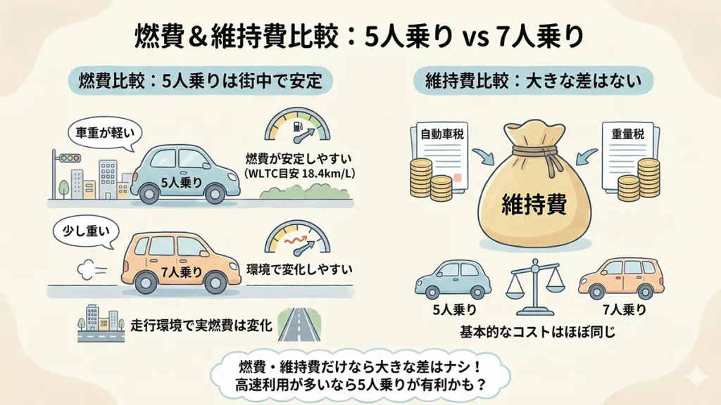 シエンタ5人乗りと7人乗りの燃費維持費比較の図解