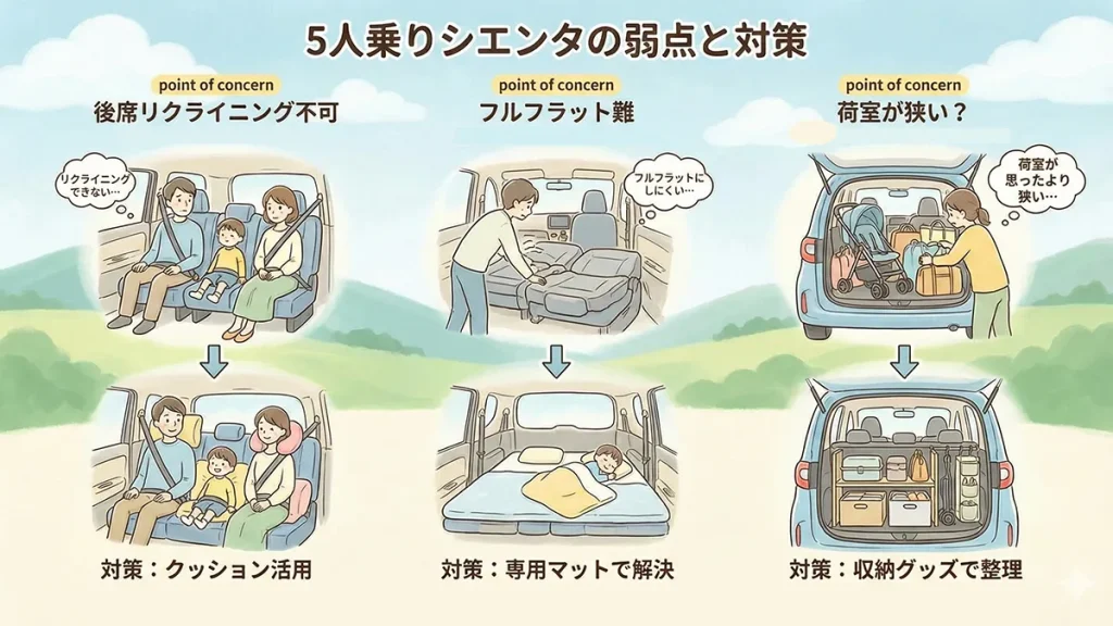 シエンタの5人乗り欠点の実情と対策まとめの図解
