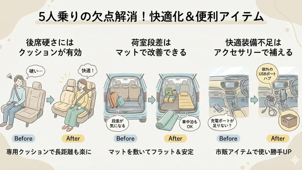 シエンタ5人乗り主な欠点の対策と便利アイテムの図解