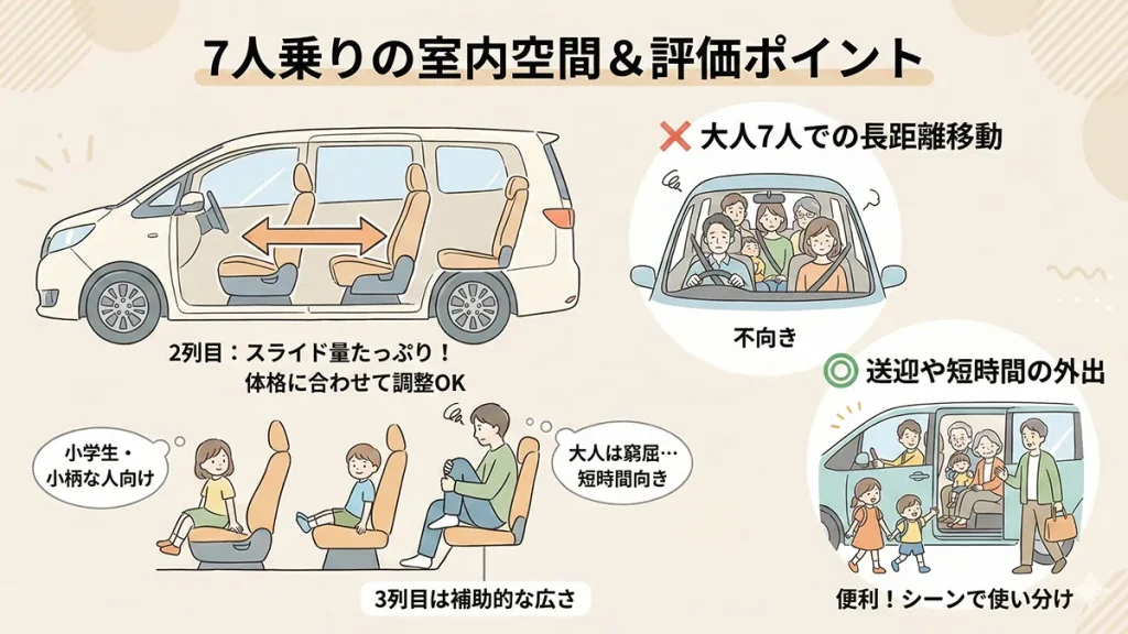 シエンタ7人乗りは狭い？2列目3列目の評価の図解