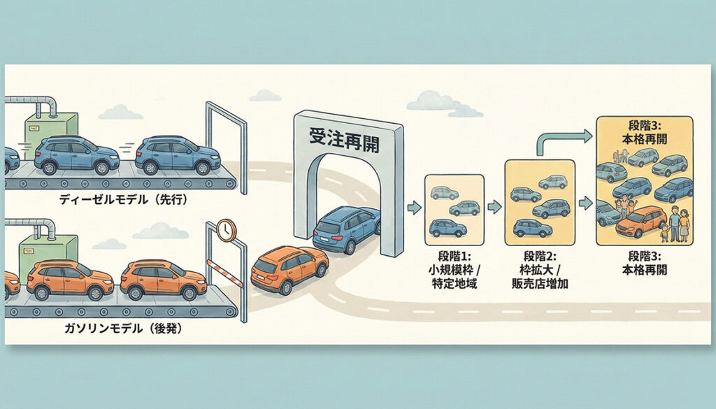 ディーゼルモデル先行で段階的再開の可能性