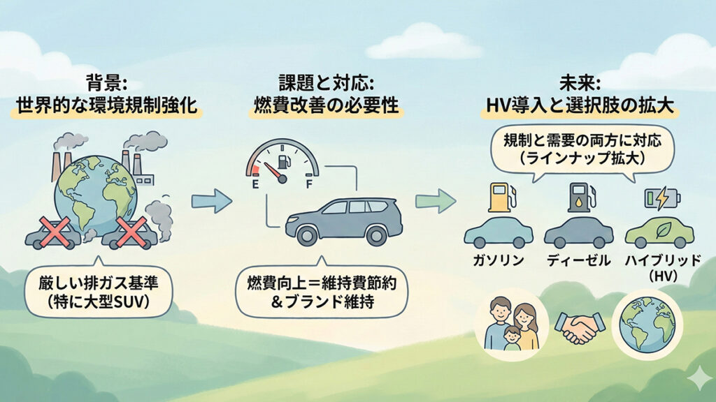環境規制対応と燃費改善の背景の図解