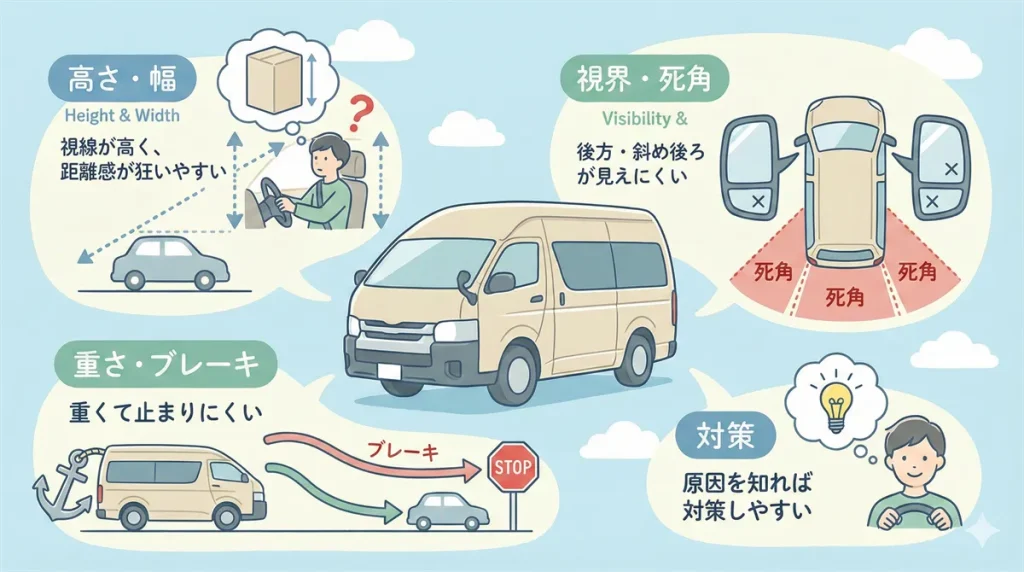 ハイエース運転が怖い原因は高さ・幅・視界・重さの図解 ©Premium Cars Life