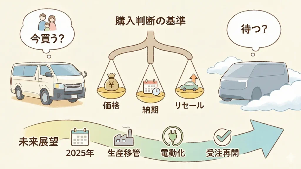 新型ハイエースリーク購入判断と未来展望：価格・納期・リセールの図解