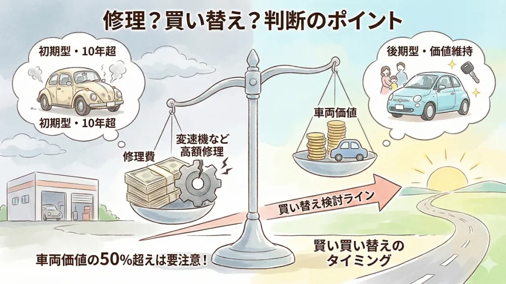 修理費と車両価値の比較：買い替え判断ラインの図解