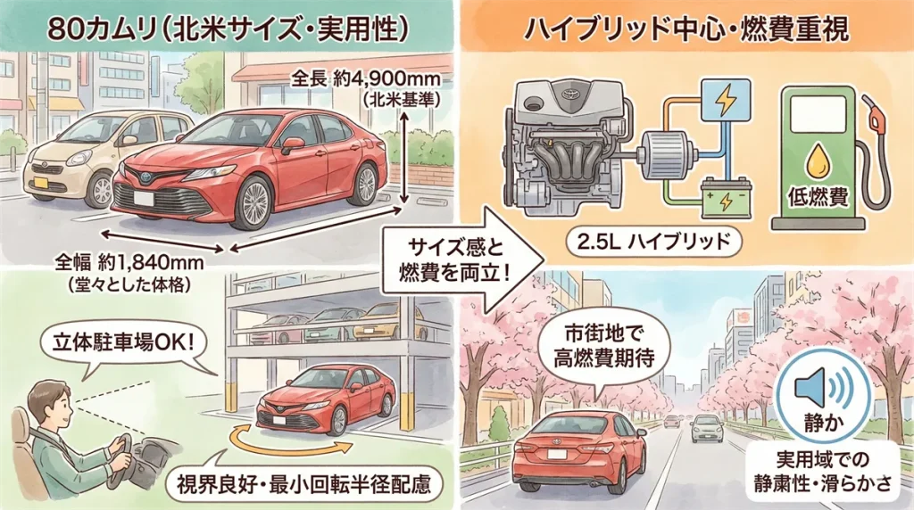 80カムリ逆輸入のサイズと燃費の図解 ©Premium Cars Life