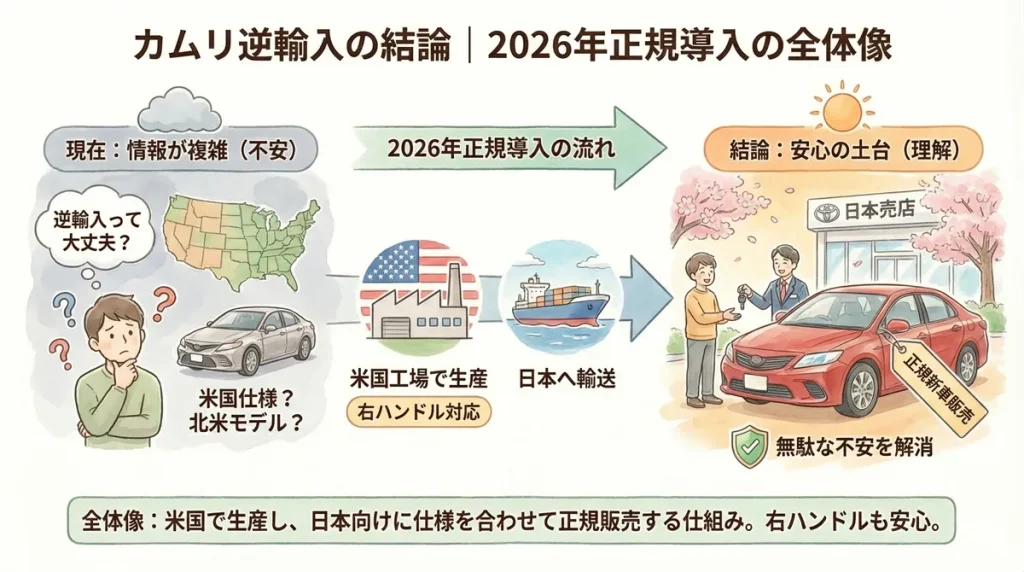 カムリの逆輸入の結論|2026年正規導入の全体像の図解 ©Premium Cars Life