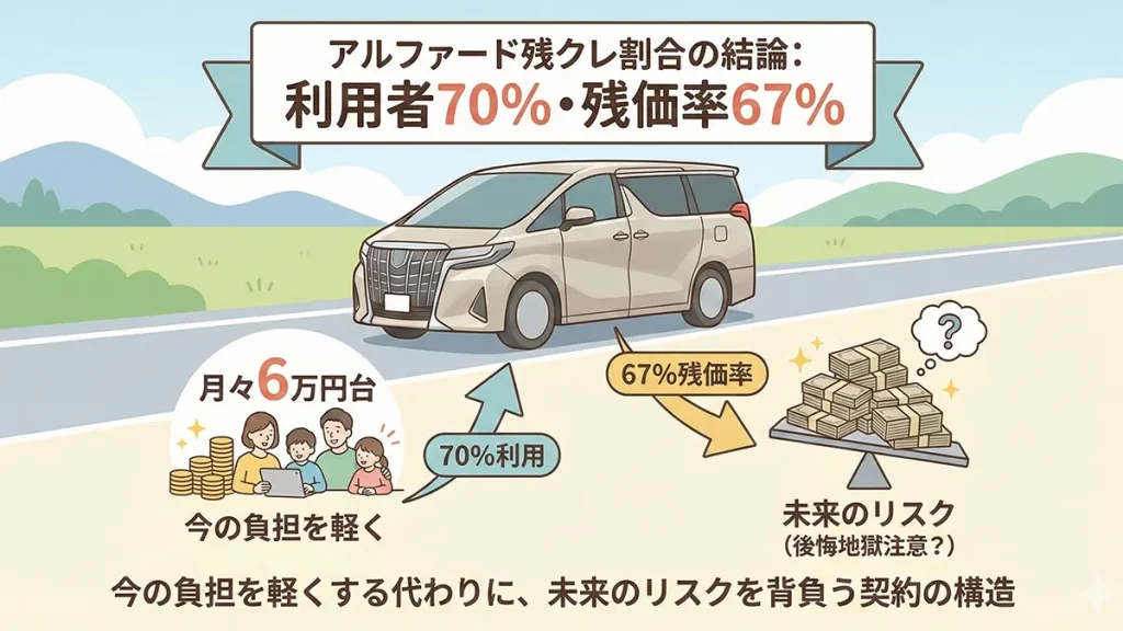 アルファード残クレ割合の結論：利用者70％・残価率67％で月々6万円台も後悔地獄注意の図解