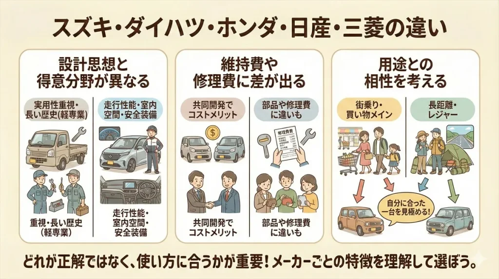 スズキ・ダイハツ・ホンダ・日産・三菱の違い