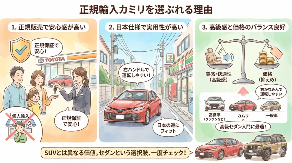 正規カムリ逆輸入を選ぶ理由の図解 ©Premium Cars Life