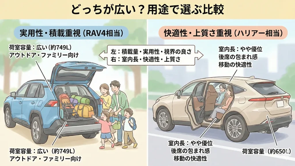 ハリアーとRAV4どっちが広い？比較の図解