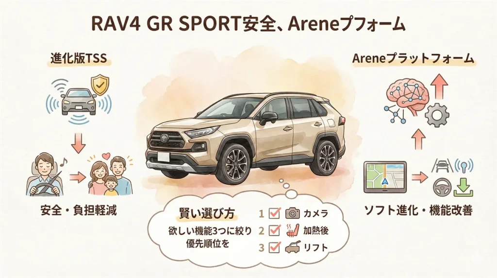 RAV4 GRスポーツの安全装備・Areneプラットフォーの図解 © Premium Cars Life