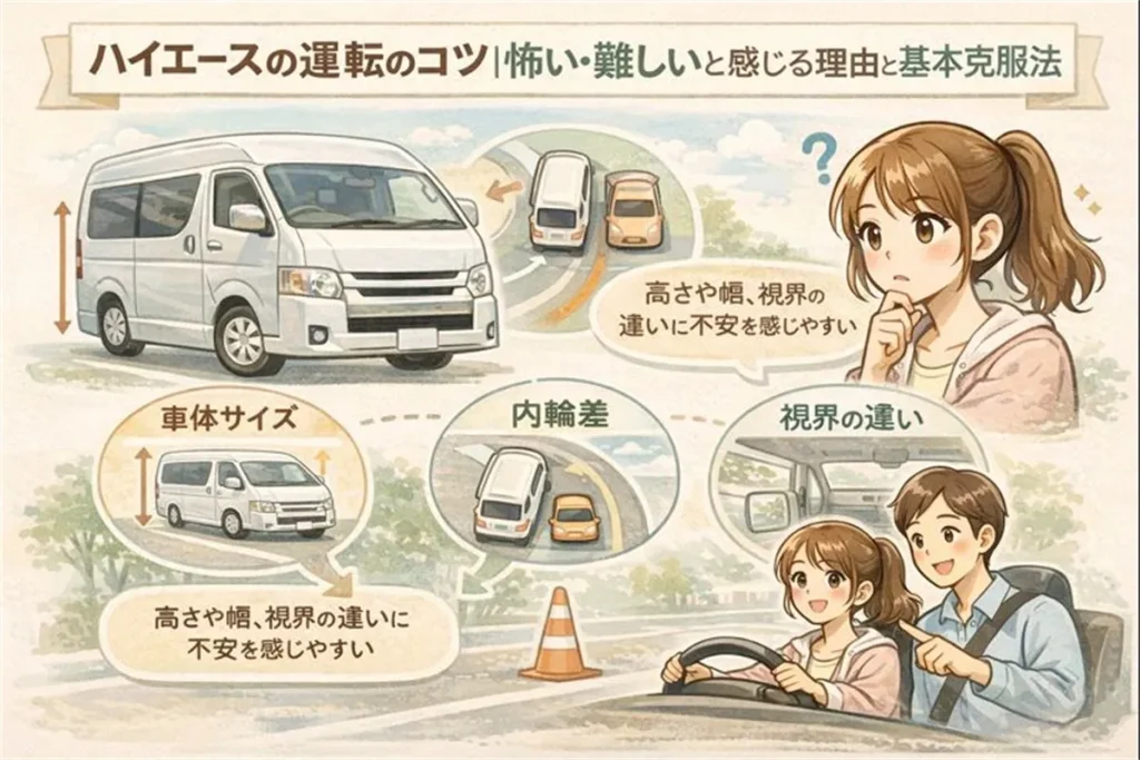 ハイエースの運転のコツ|怖い・難しいと感じる理由と基本克服法の図解 ©Premium Cars Life