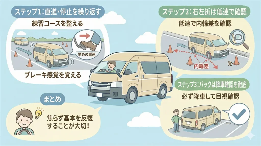 ハイエース運転練習で最初にやるべき内容の図解 ©Premium Cars Life