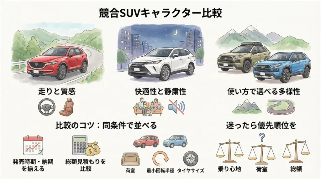 競合SUV(CX-5・ハリアー)比較の図解 © Premium Cars Life
