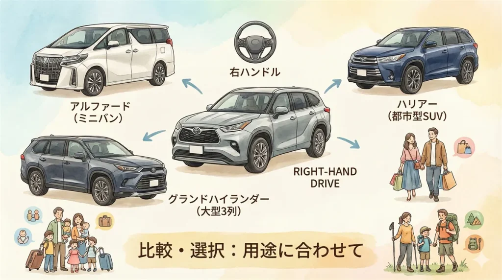 トヨタのハイランダーの右ハンドル・比較・おすすめ情報-