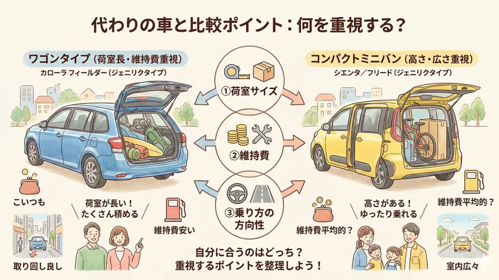 カローラフィールダー代わりの車と比較ポイントの図解