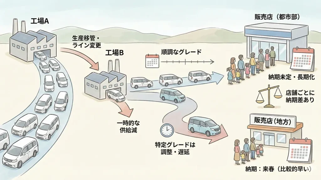 生産移管・工場変更が納期に与える影響の図解
