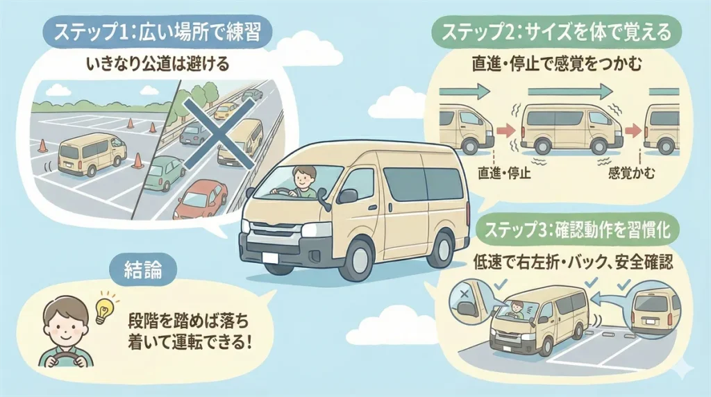 ハイエースをいきなり運転する前の準備ステップの図解 ©Premium Cars Life