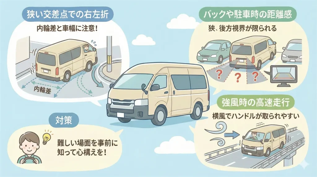 ハイエース運転が難しいと感じる場面とはの図解 ©Premium Cars Life