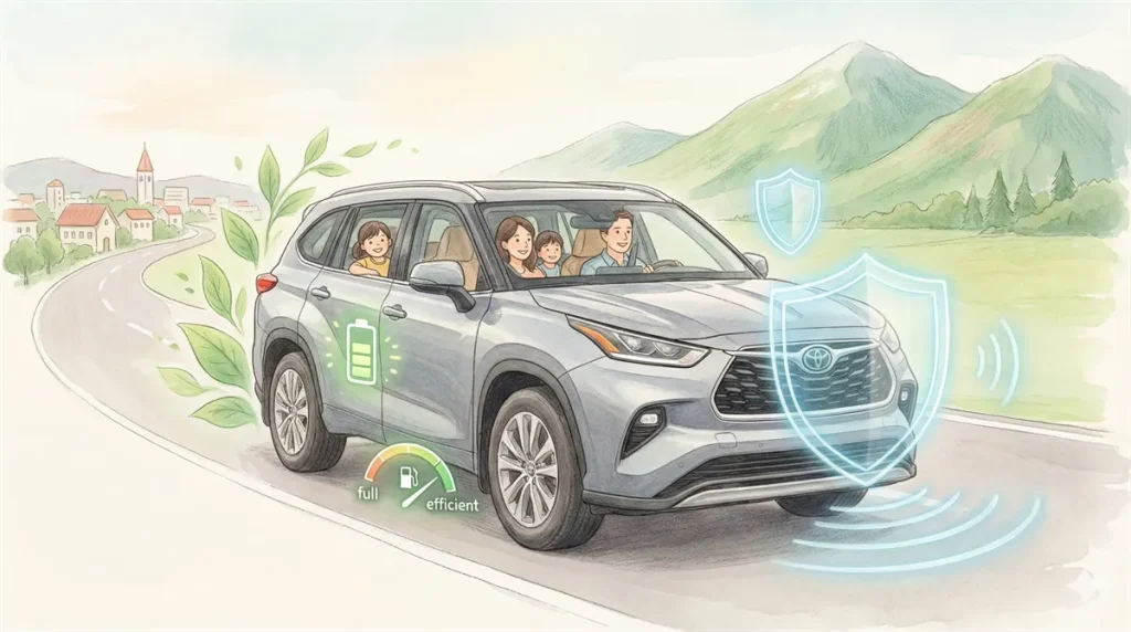 トヨタのハイランダー2026の燃費と安全装備の図解 ©Premium Cars Life