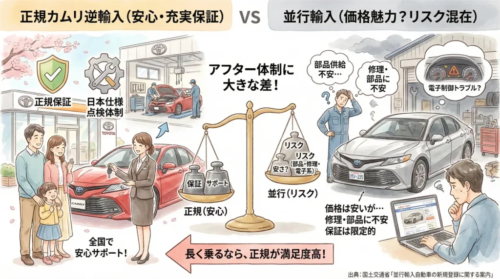 カムリ逆輸入車と並行輸入の違いの図解 ©Premium Cars Life