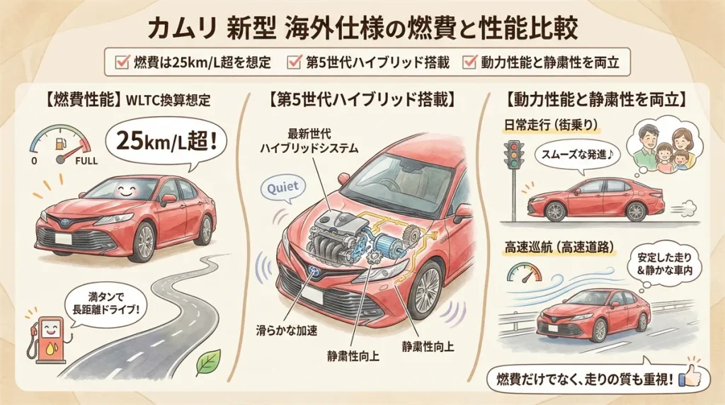 カムリの新型 海外仕様の燃費と性能比較