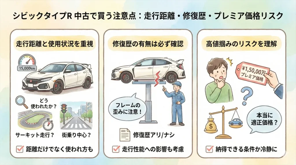 シビックタイプR 中古で買う注意点：走行距離・修復歴・プレミア価格リスク
