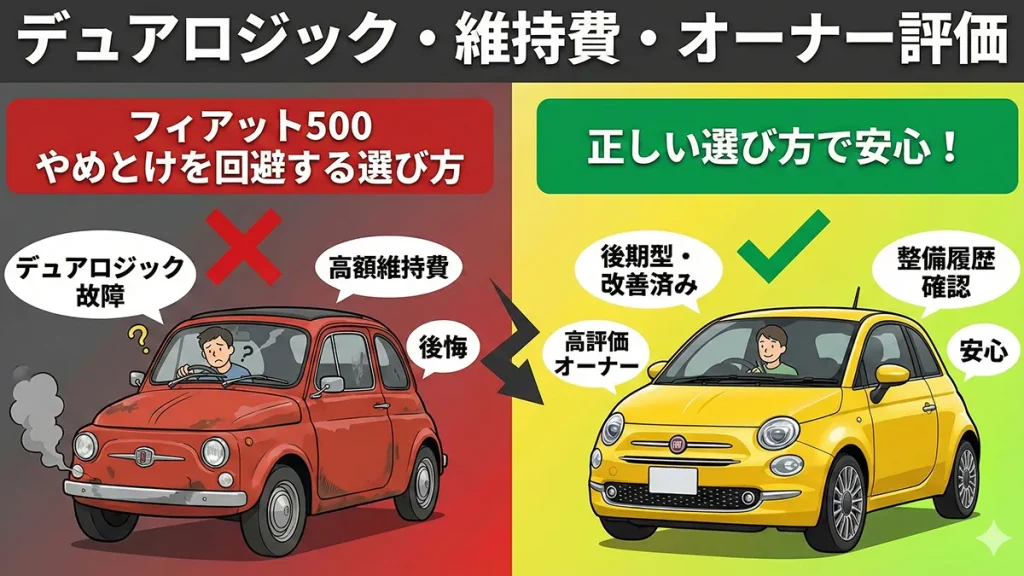 フィアット500-やめとけを回避する選び方：デュアロジック・維持費・オーナー評価の図解