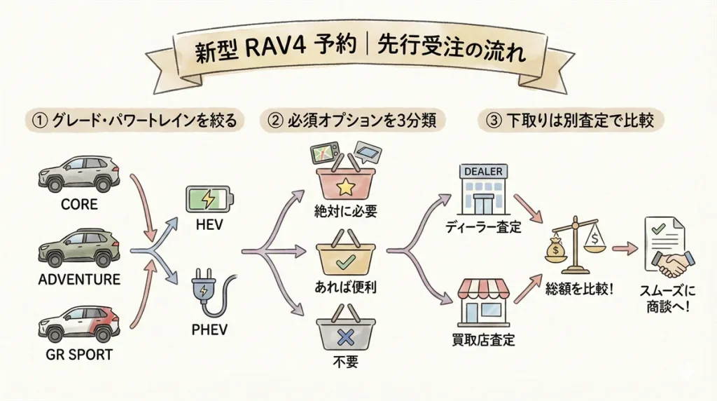 新型 RAV4 予約|先行受注の流れの図解 © Premium Cars Life