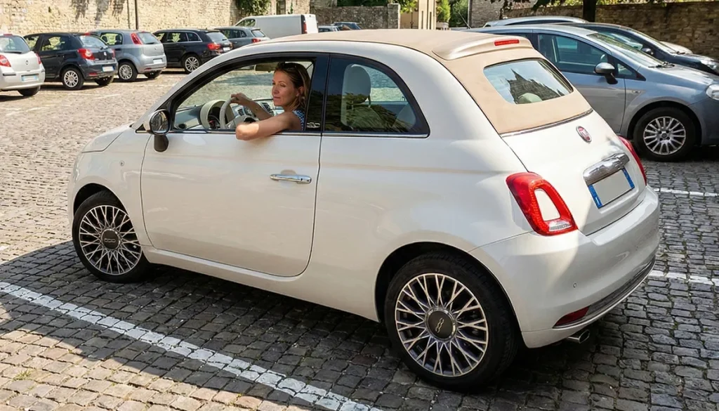 フィアット500に乗ってるが女性が駐車場に止めている画像