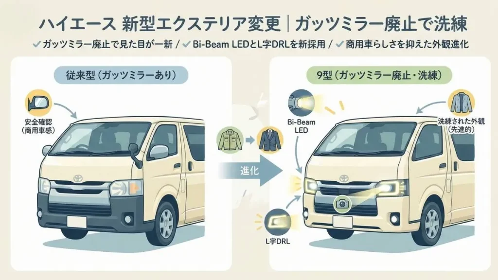 ハイエース 新型エクステリア変更｜ガッツミラー廃止で洗練