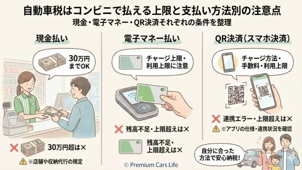自動車税はコンビニで払える上限と支払い方法別の注意点