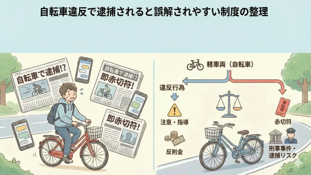 自転車違反で逮捕されると誤解されやすい制度の整理