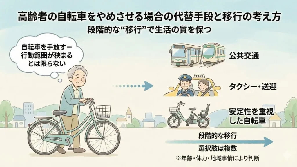 高齢者の自転車をやめさせる場合の代替手段と移行の考え方