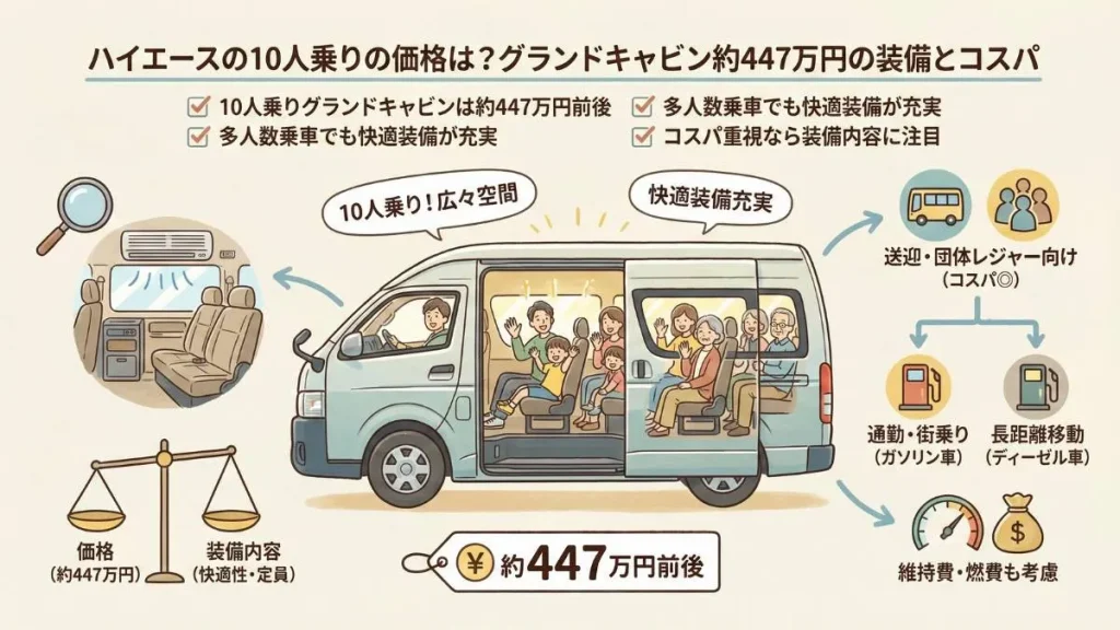 ハイエースの10人乗りの価格は？グランドキャビン約447万円の装備とコスパ