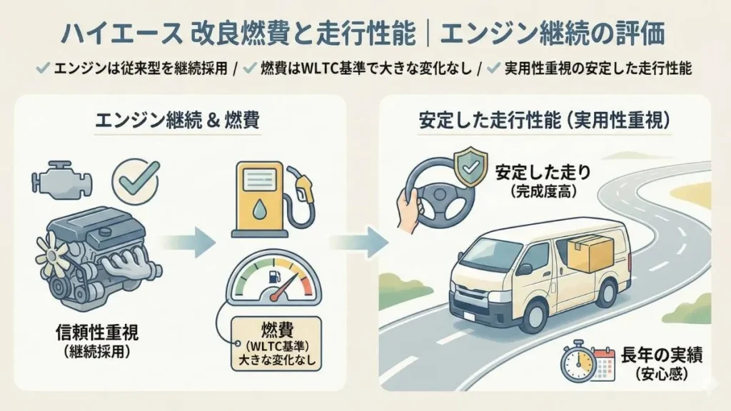 ハイエース 改良燃費と走行性能｜エンジン継続の評価