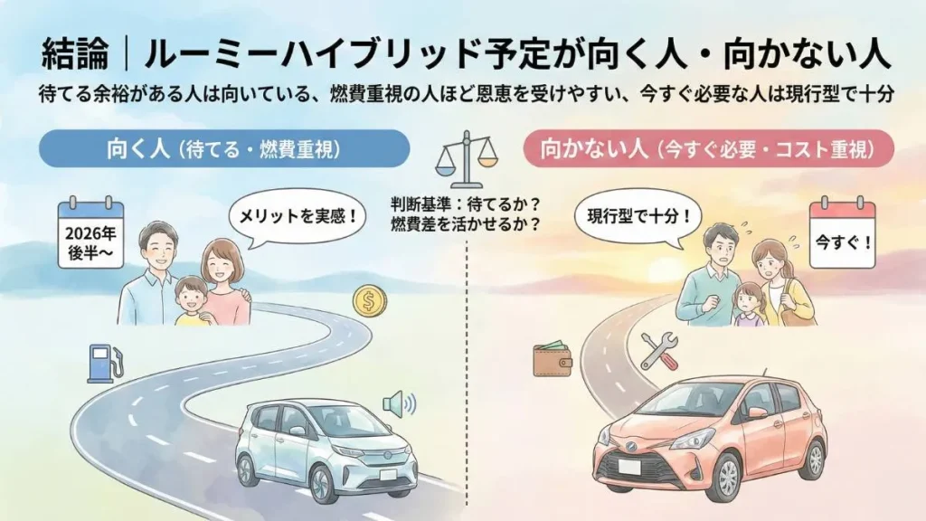 結論｜ルーミーハイブリッド予定が向く人・向かない人