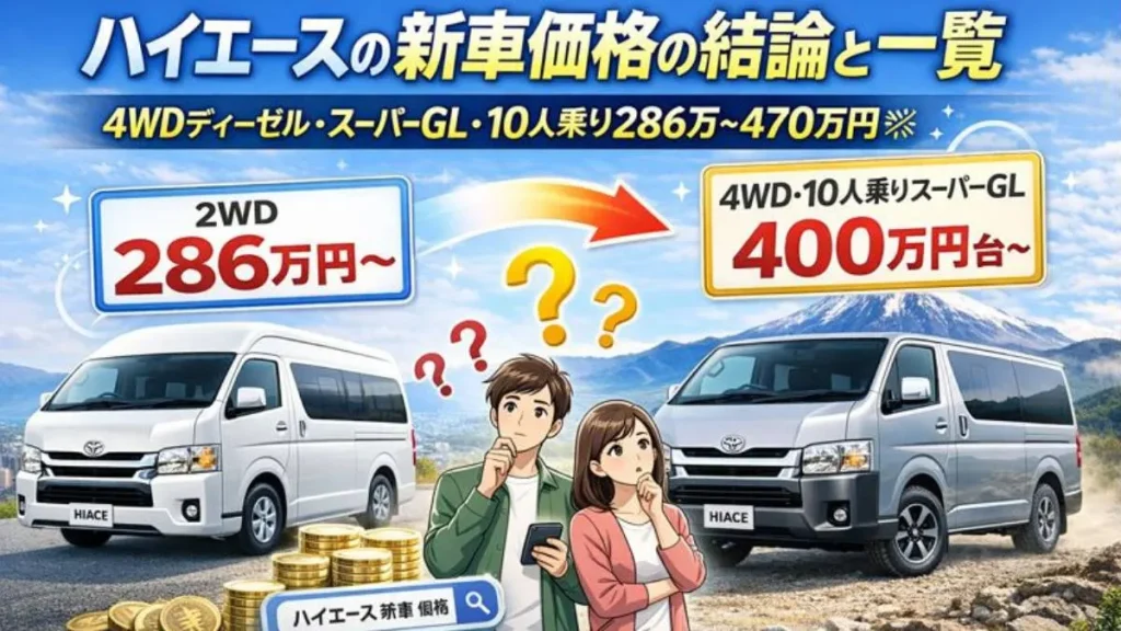 ハイエースの新車価格の結論と一覧【4WDディーゼル・スーパーGL・10人乗り286万〜470万円】