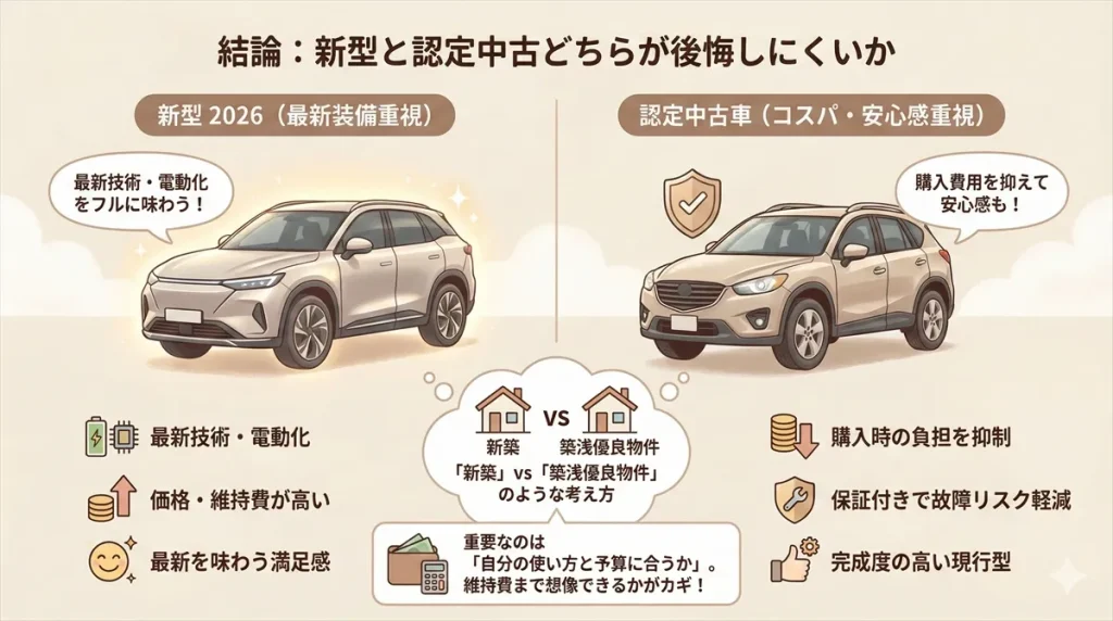 結論:新型と認定中古どちらが後悔しにくいか