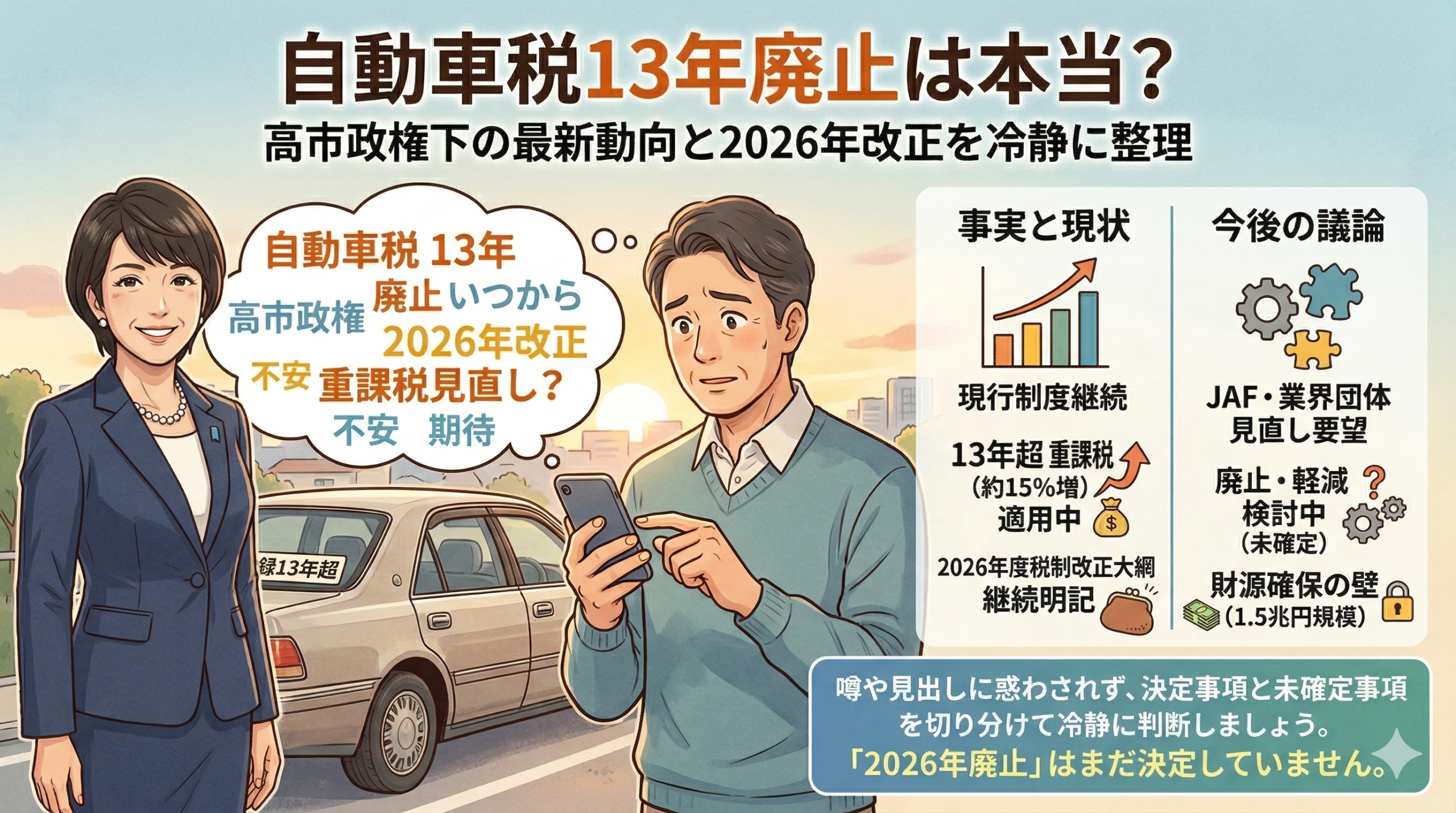自動車税13年廃止は本当?高市政権下の最新動向と2026年改正を冷静に整理