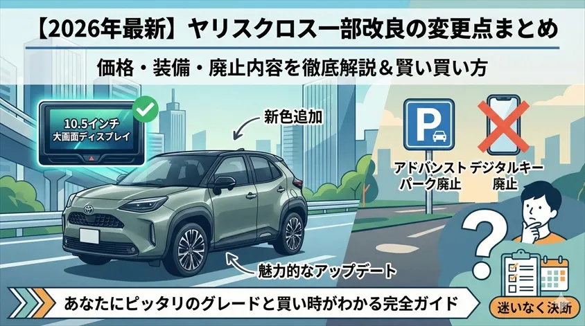 【2026年最新】ヤリスクロス一部改良の変更点まとめ|価格・装備・廃止内容を徹底解説