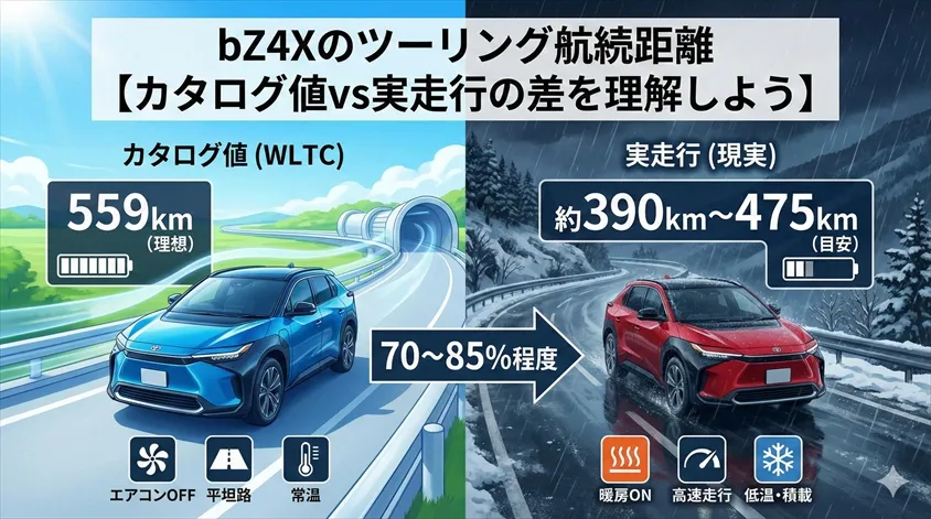 bZ4Xのツーリング航続距離【カタログ値vs実走行の差を理解しよう】