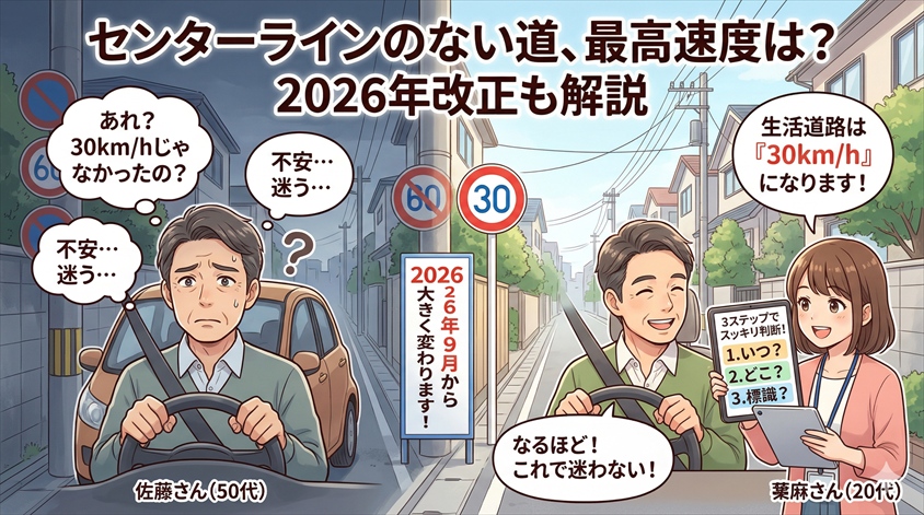 センターラインのない道の最高速度は？2026年改正もわかりやすく解説