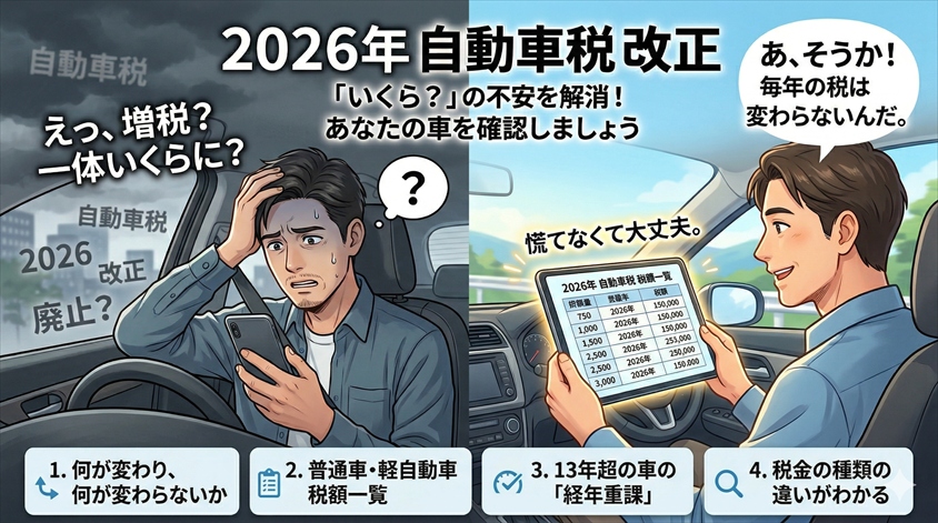 自動車税 改正2026【いくら？】排気量別・登録年別の税額一覧