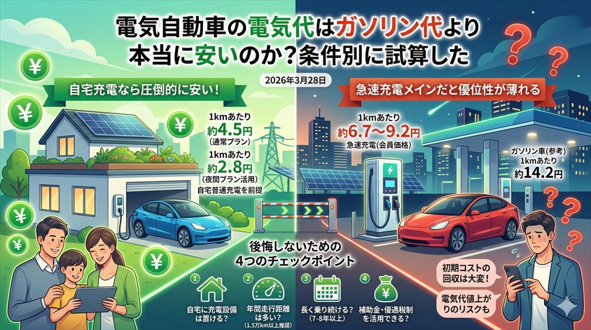 電気自動車の電気代はガソリン代より本当に安いのか?条件別に試算した