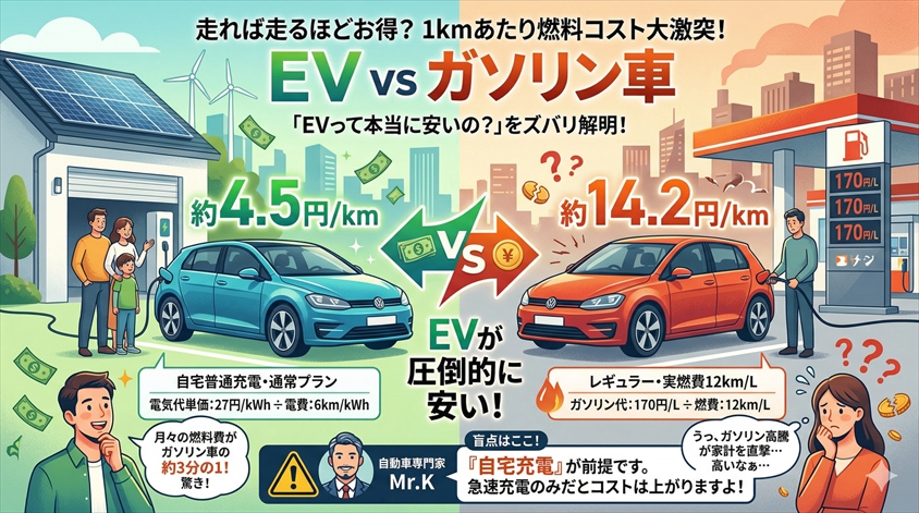 電気自動車の電気代 vs ガソリン代、まず「1kmあたりコスト」で比較する