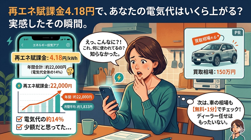 再エネ賦課金4.18円で、あなたの電気代はいくら上がる?